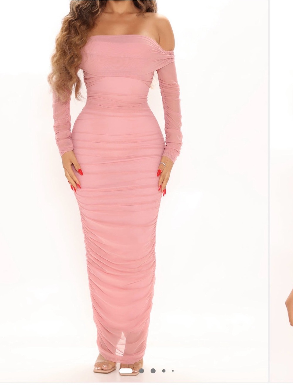 Fashion Nova Pink Off-Shoulder Long Sleeve Ruched Maxi Dress